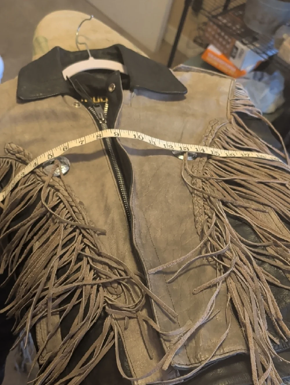 Two-Tone Fringed Leather Moto Jacket in Gray and Black - Picture 5 of 10